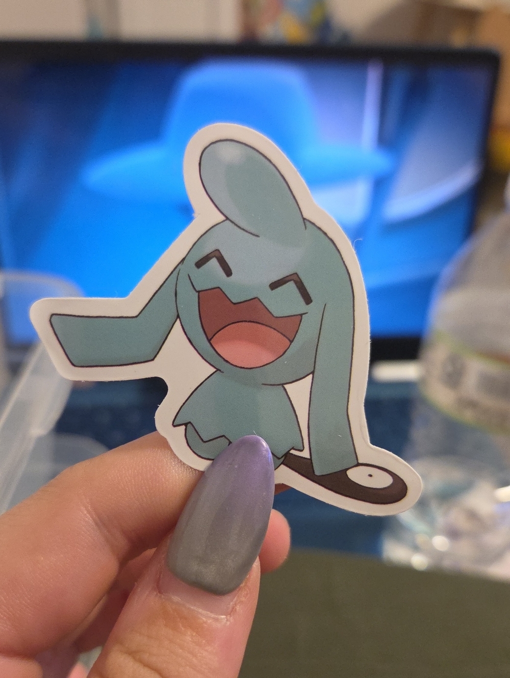 Pokemon Teal Cartoon Bird Sticker with Pink Mouth